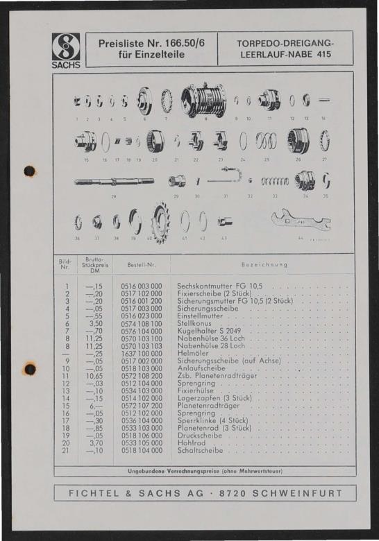 Fichtel und Sachs Torpedo-Dreigang-Leerlaufnabe 415 Ersatzteile- u. Preisliste 1971