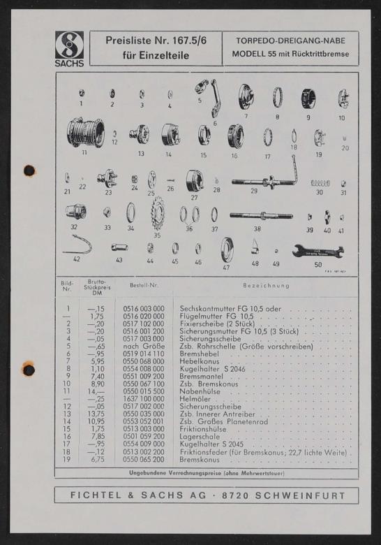 Fichtel und Sachs Torpedo-Dreigang-Nabe Modell 55 mit Rücktrittbremse Ersatzteile- u. Preisliste 1971