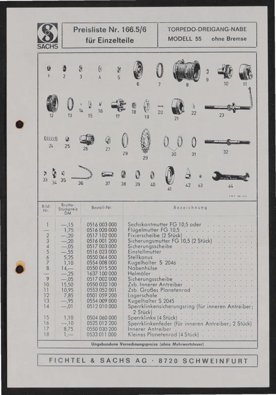 Fichtel und Sachs Torpedo-Dreigang-Nabe Modell 55 ohne Bremse Ersatzteile- u. Preisliste 1971