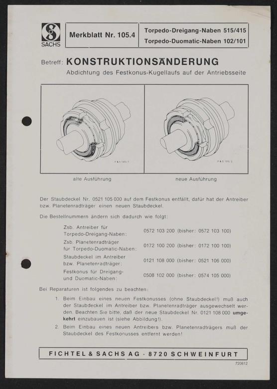 Fichtel und Sachs Torpedo-Dreigang-Naben 515 u. 415 Duomatic-Naben 102 u. 101 Merkblatt 1972