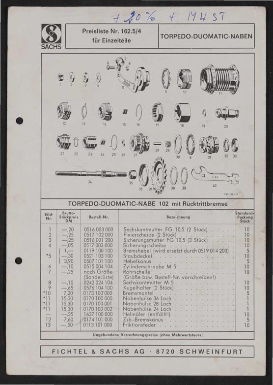 Fichtel und Sachs Torpedo-Duomatic Zweigangnabe 102 mit Rücktrittbremse Teile- und Preisliste 1972