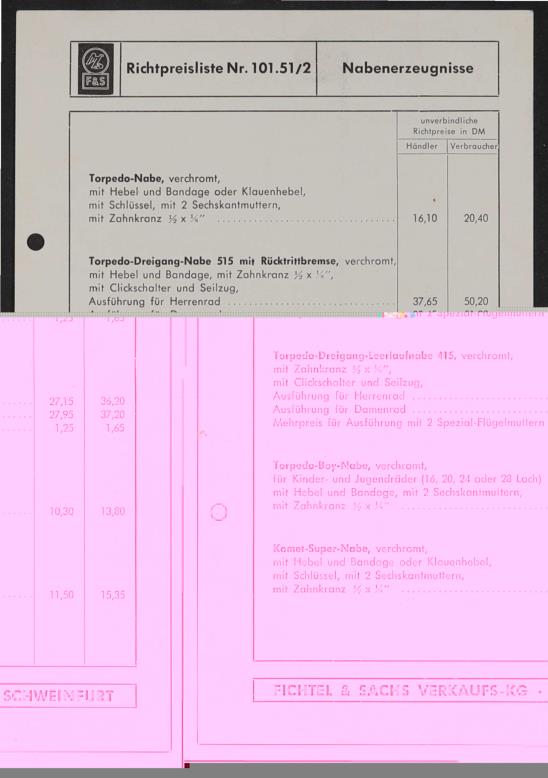 Fichtel und Sachs div. Preis- und Teilelisten 1960er Jahre