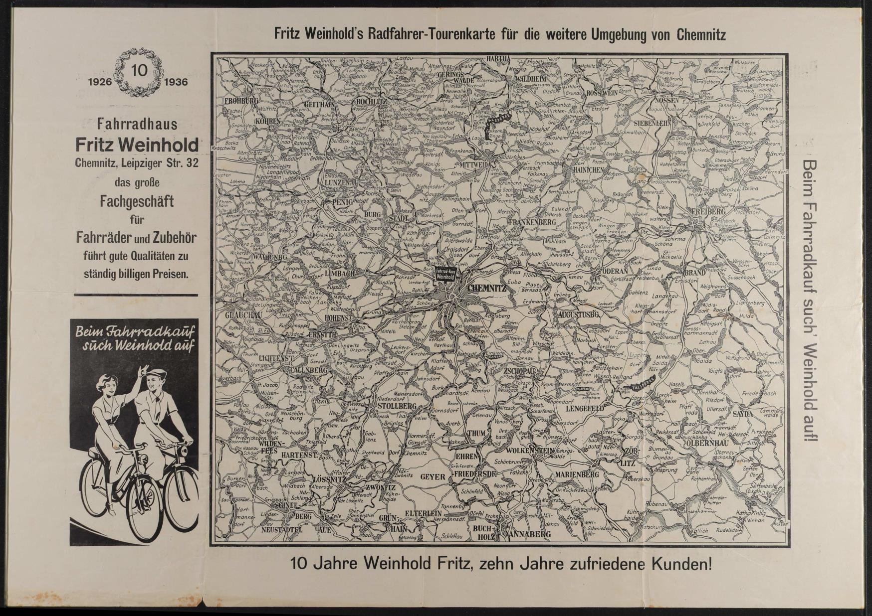 Fahrradhaus Fritz Weinhold Chemnitz Tourenkarte Werbeblatt 1936