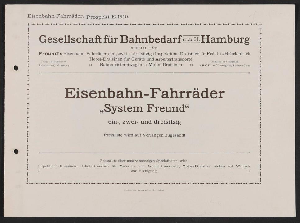 Gesellschaft für Bahnbedarf, Eisenbahn-Fahrräder, Draisinen, Katalog 1910