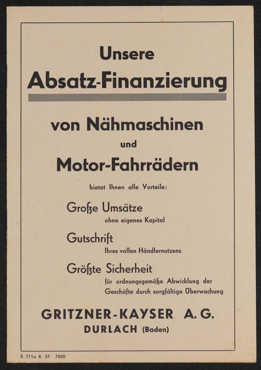 Gritzner-Kayser Durlach Absatz-Finanzierung von Nähmaschinen und Motor-Fahrrädern Prospekt 1937