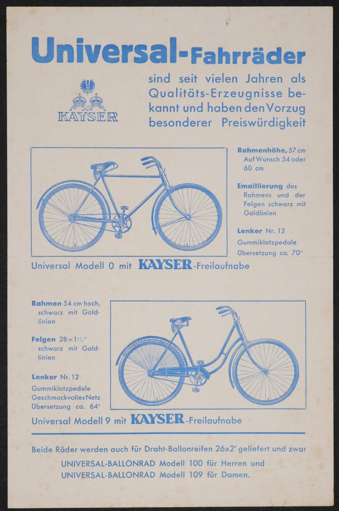 Gritzner-Kayser Durlach Universal-Fahrräder Motor-Fahrrad Werbeblatt 30er Jahre