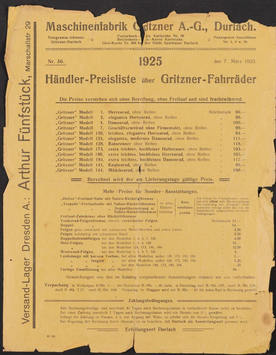Gritzner Preislisten, 1925-1932
