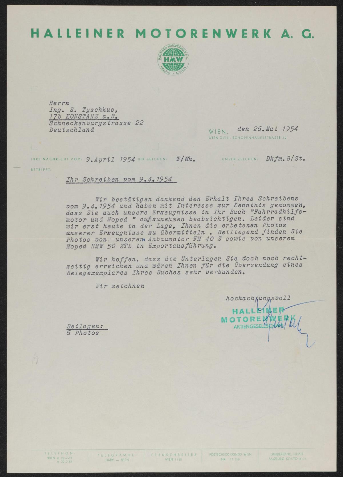 HMW Halleiner Motorenwerk AG Anschreiben 1954