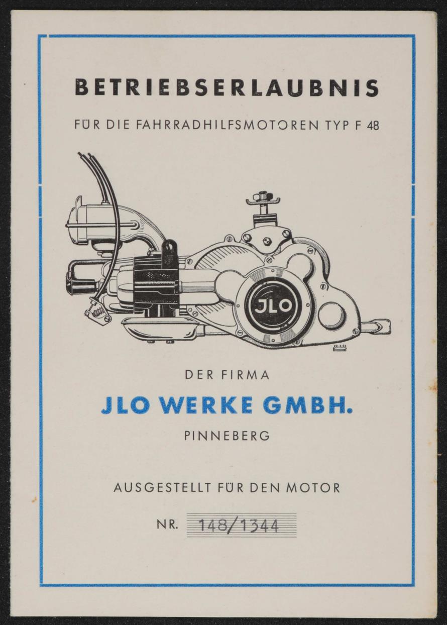ILO Fahrradhilfsmotor F48 Betriebserlaubnis 1950