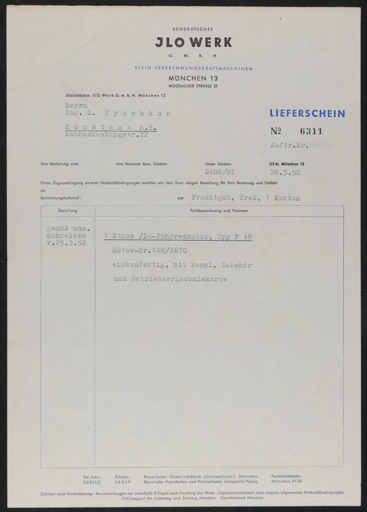 ILO Fahrradmotor F48 Lieferschein 1952