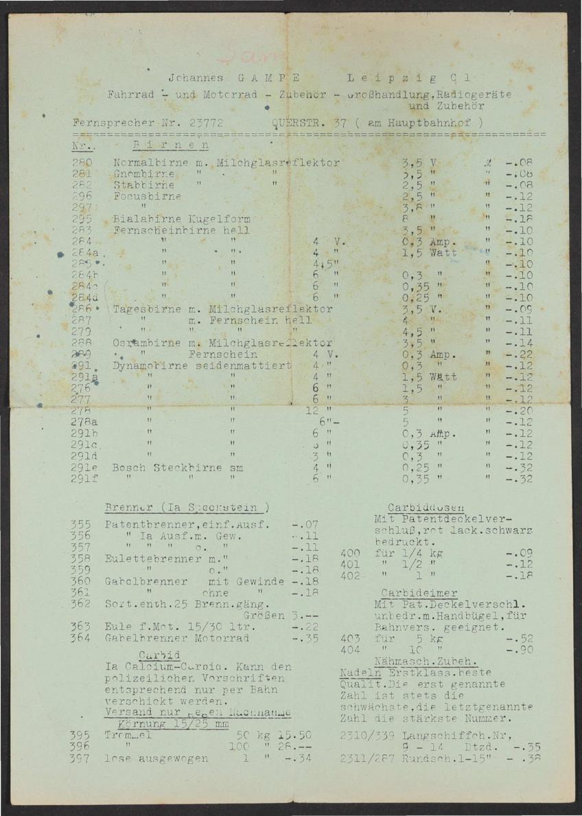 Johannes Gampe Fahrrad Zubehör, Prospektblätter 1930er Jahre