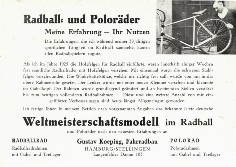 Koeping Radball- und Poloräder Werbeblatt 1950er Jahre