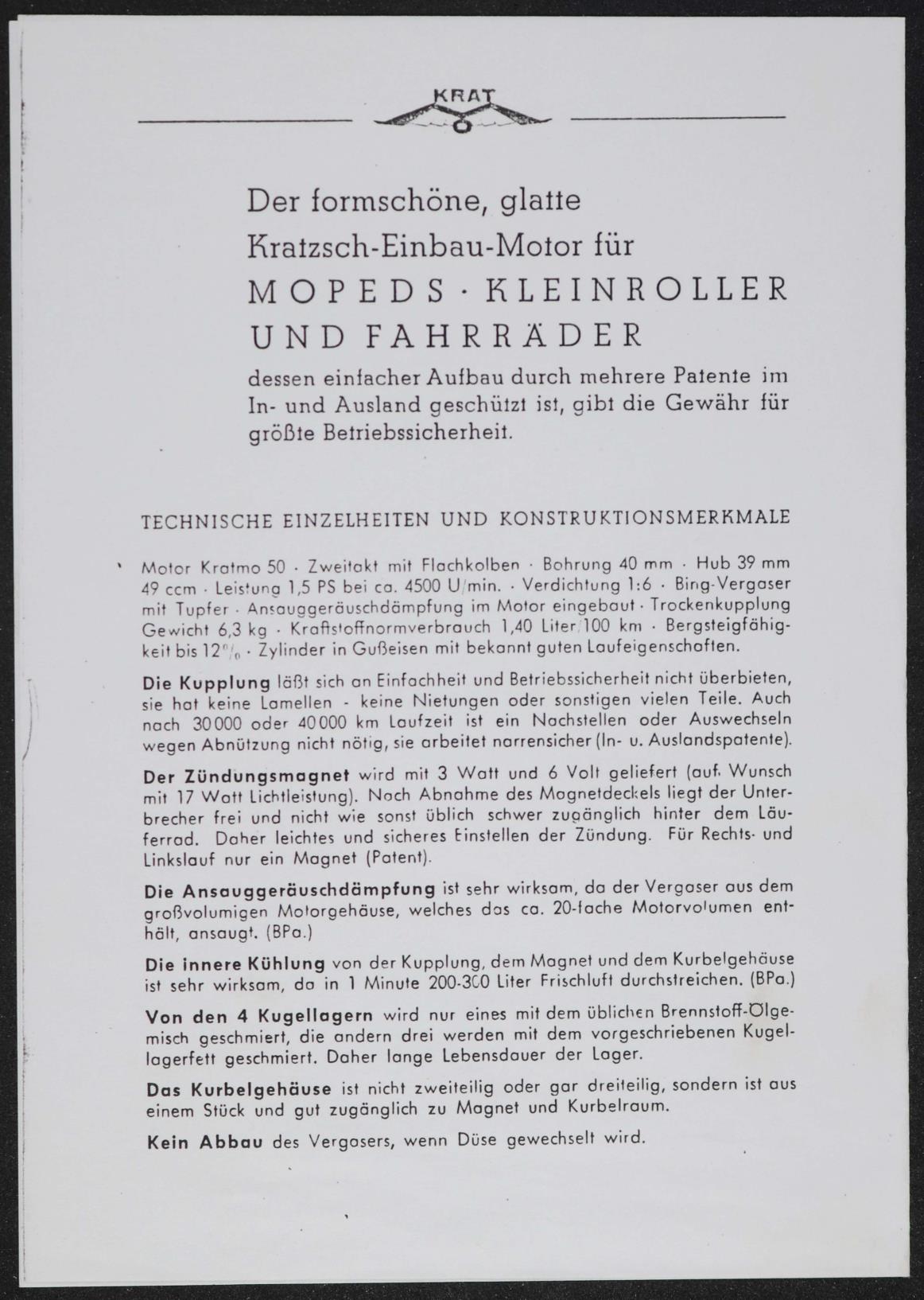 Krat Allgäu Kratzsch-Einbau-Motor Werbeblatt 50er Jahre