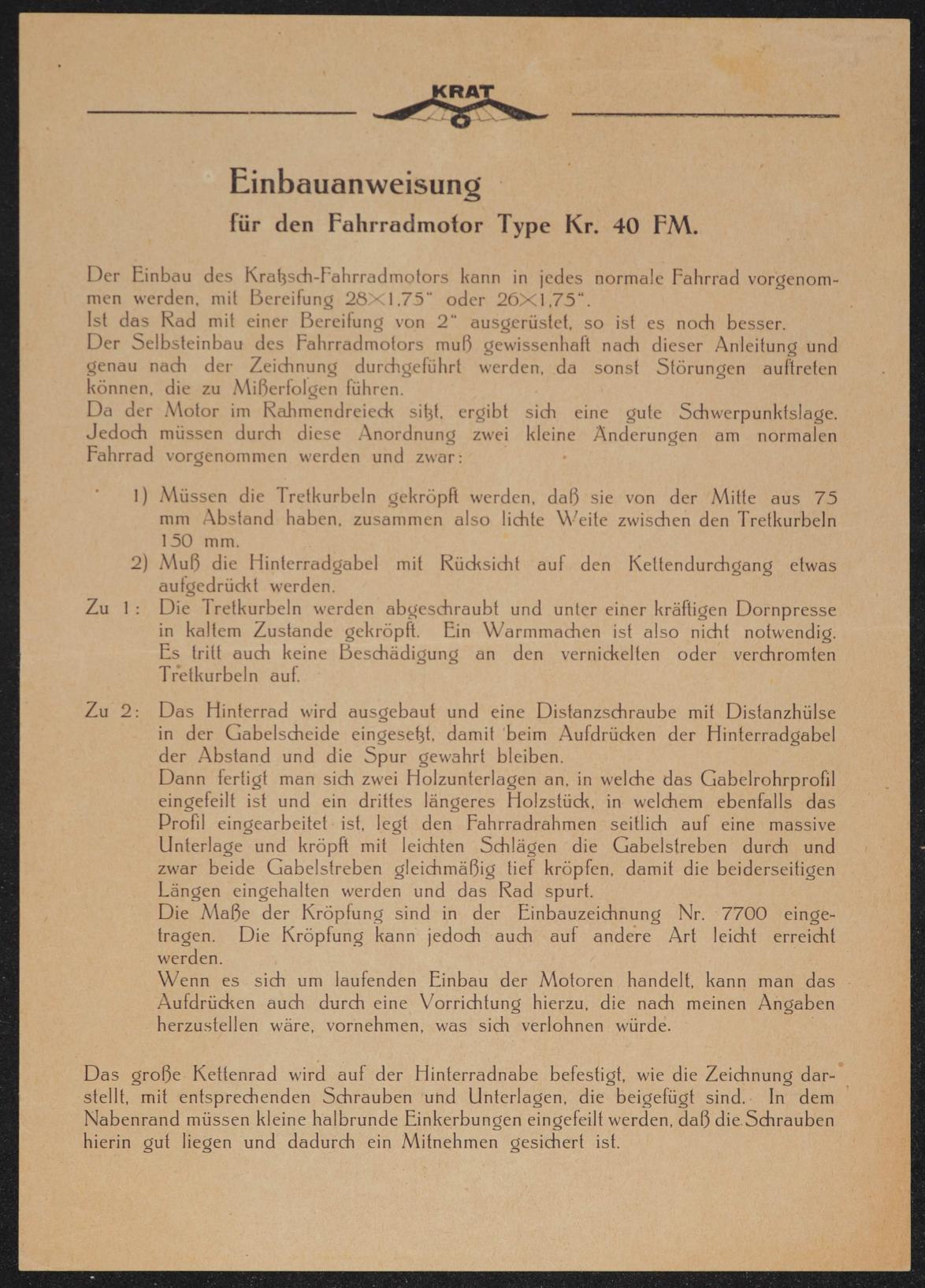 Krat Fahrradmotor Kr. 40 FM Motorenbau Walter Kratzsch Gößnitz Altenburg Thüringen Einbauanweisung 1950