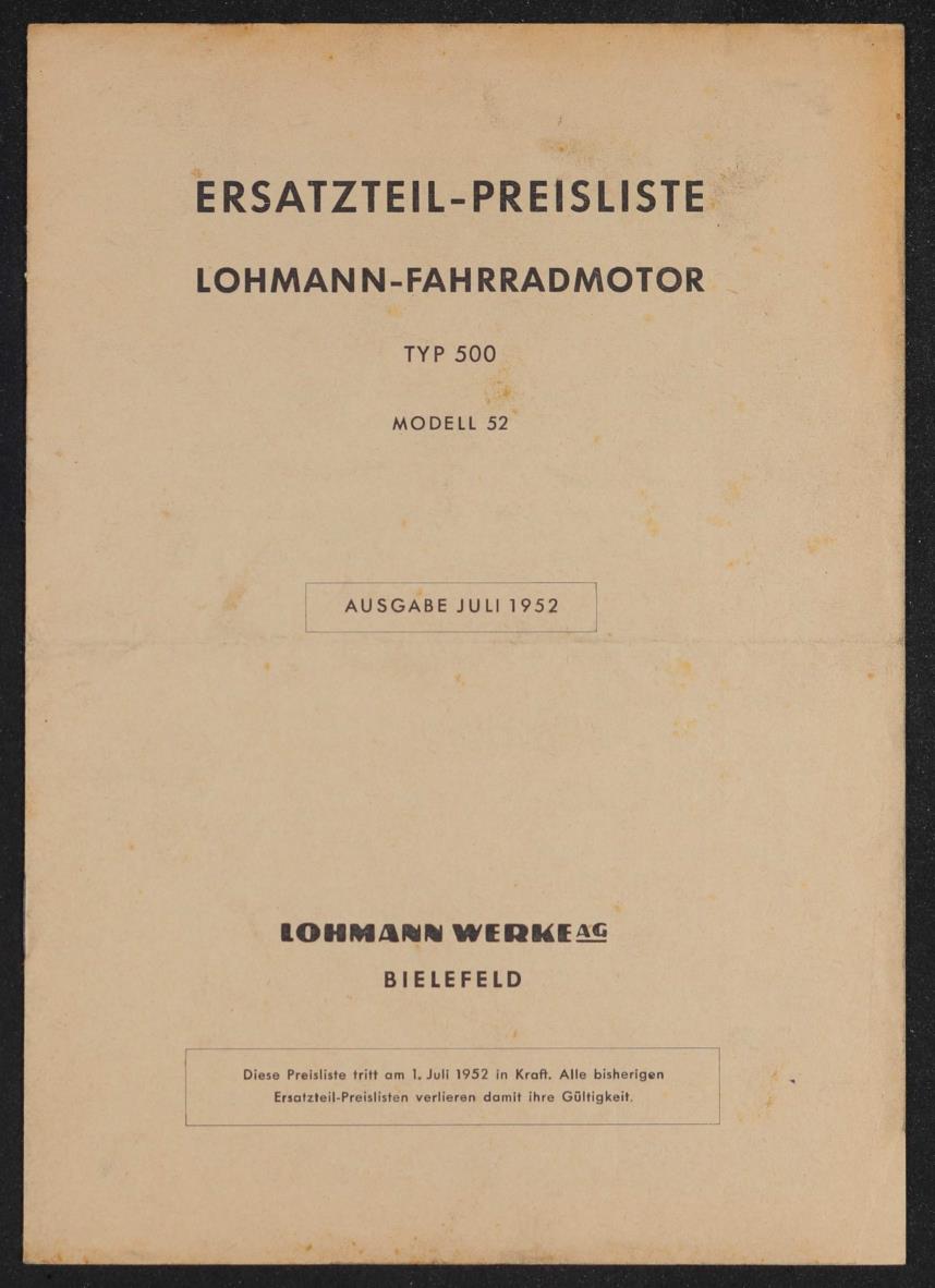 Lohmann Ersatzteil-Preisliste Fahrradmotor Typ 500 Modell 52 Preisliste Juli 1952