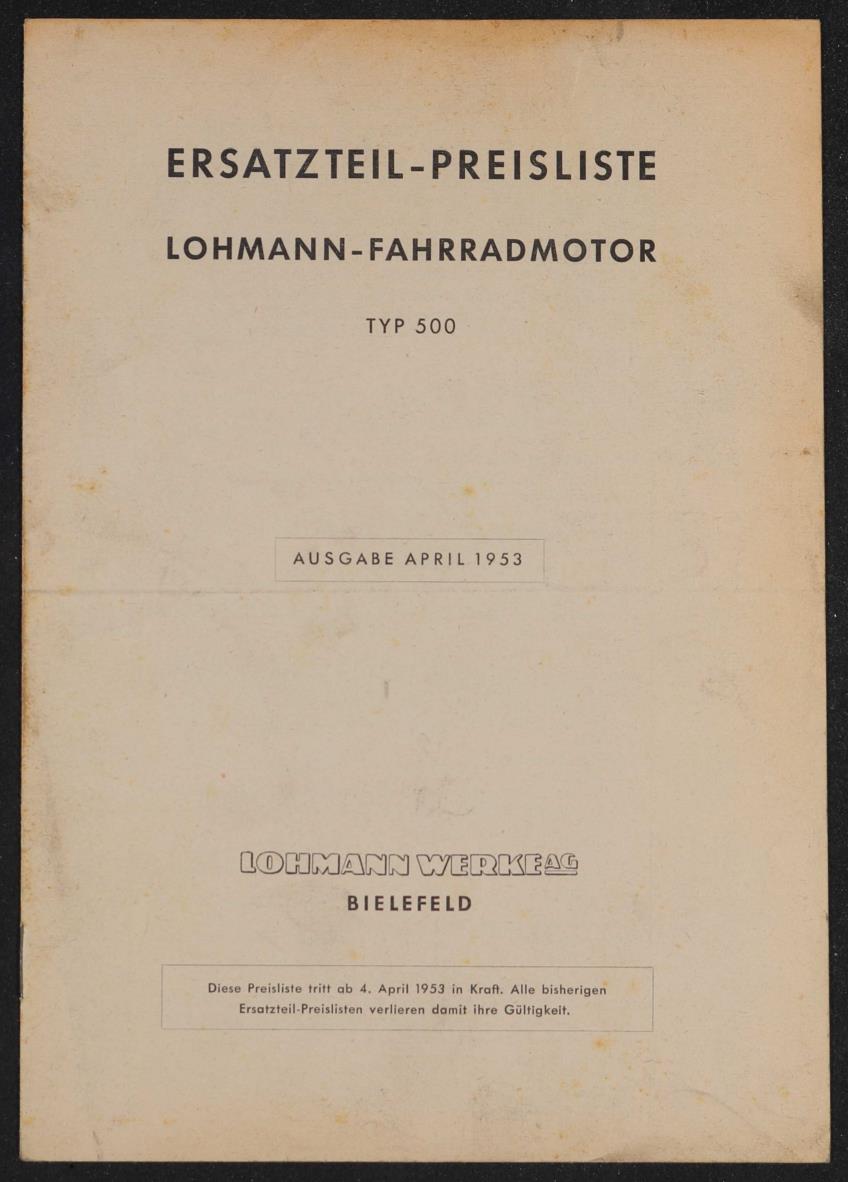 Lohmann Ersatzteil-Preisliste Fahrradmotor Typ 500 Preisliste April 1953