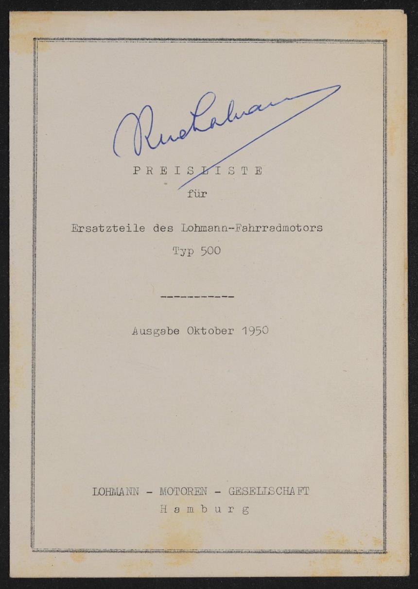 Lohmann Fahrradmotor Typ 500 Preisliste 1950