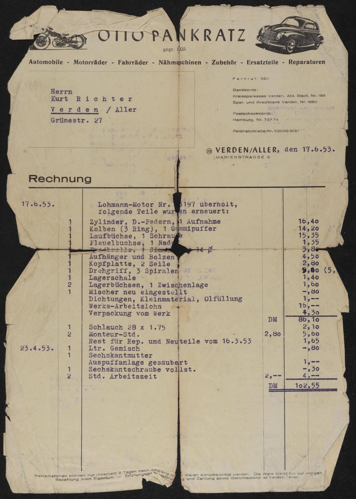 Lohmann Motor Otto Pankratz Rechnung 17.06.1953