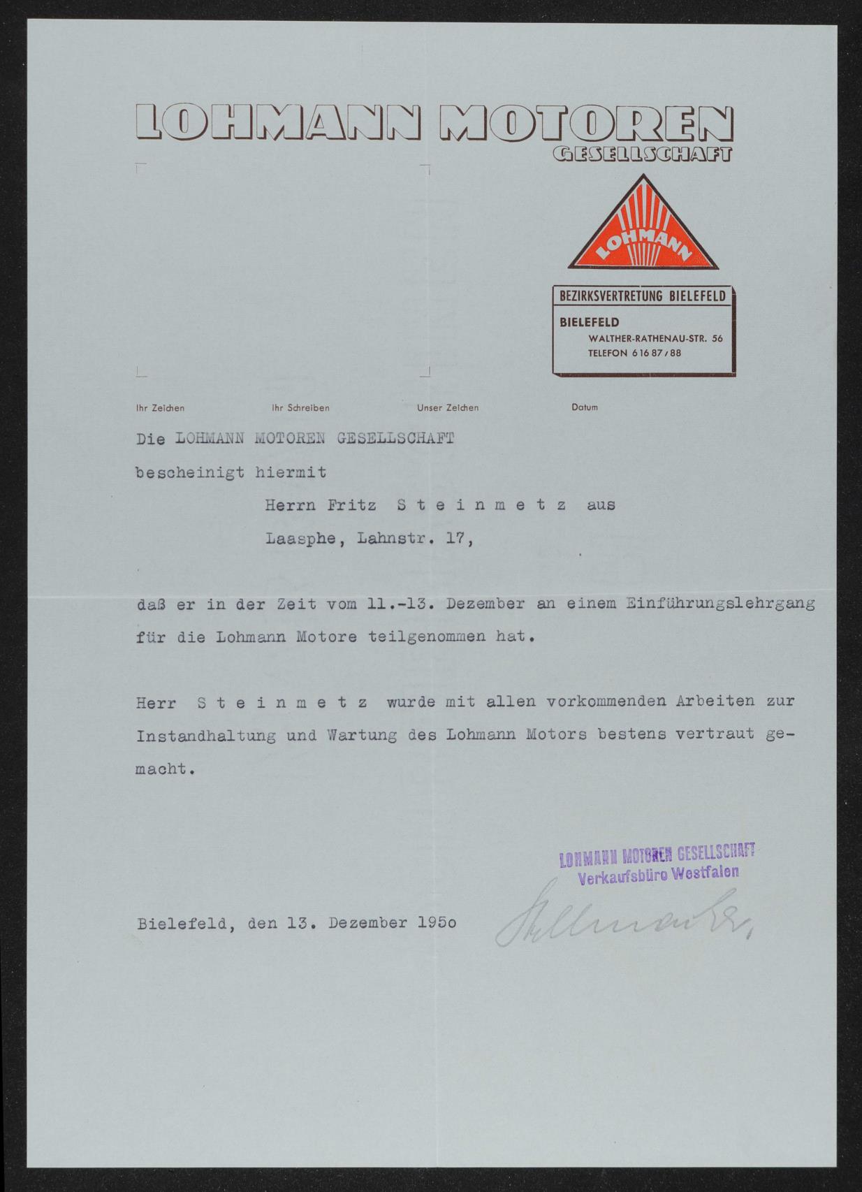 Lohmann Motoren Gesellschaft Lehrgang Anschreiben 1950