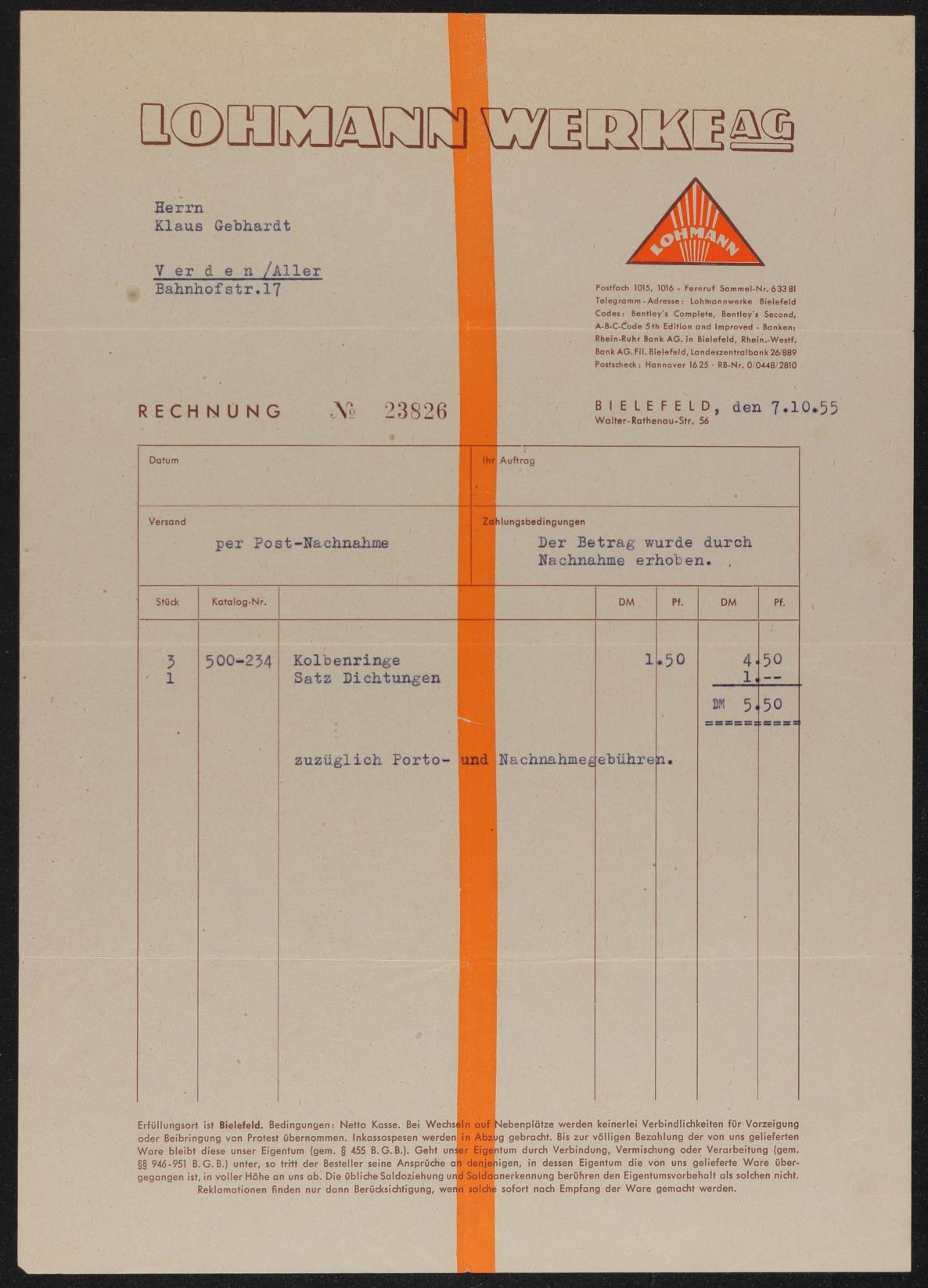 Lohmann Werke AG Rechnung 7.10.1955