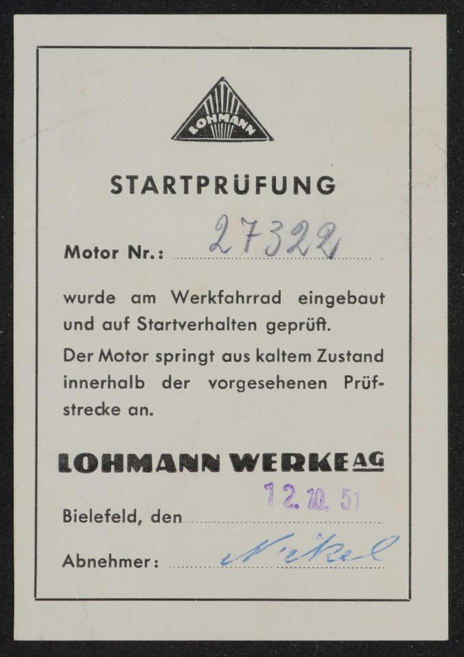 Lohmann-Motor Startprüfung Prüfsiegel 1951