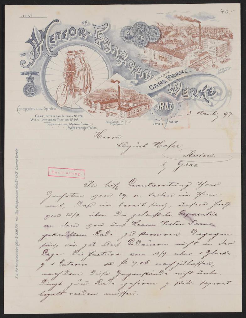 Meteor-Fahrradwerke, Schreiben (handschriftlich) an Kunden 1897