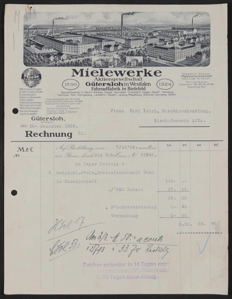 Mielewerke, Rechnung 1925