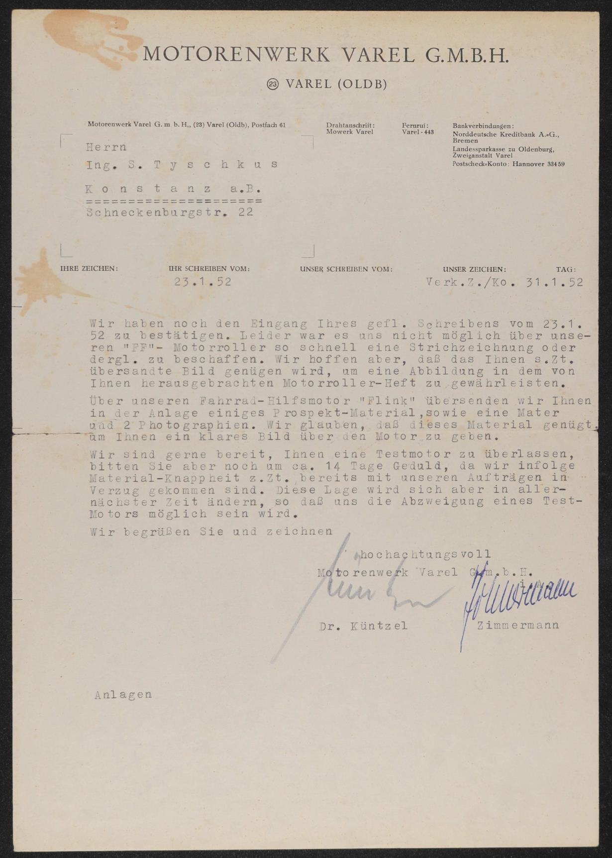 Flink Fahrradhilfsmotor Motorenwerk Varel GmbH Anschreiben 1952