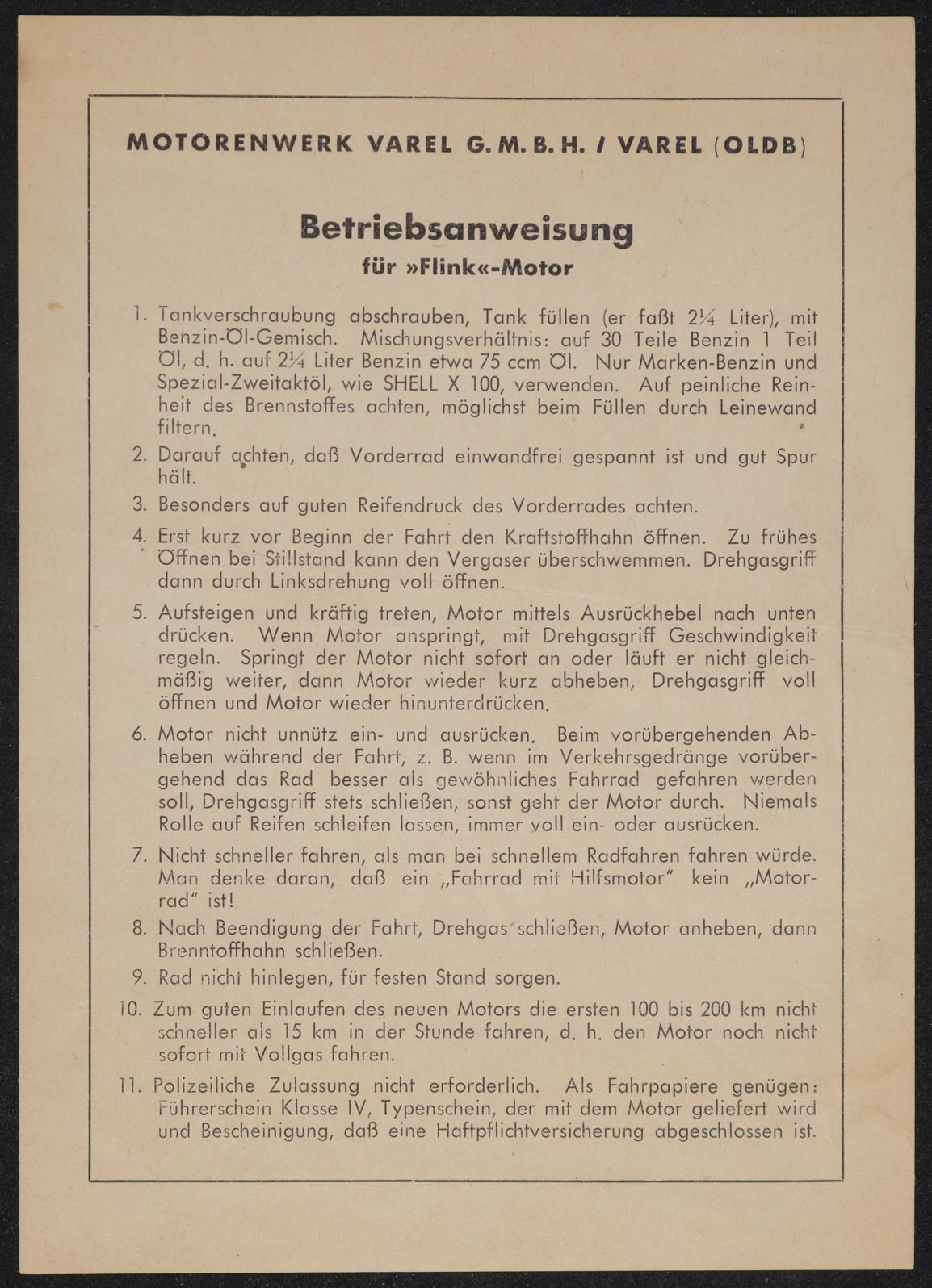 Flink Fahrradhilfsmotor Motorenwerk Varel GmbH Betriebsanweisung 50er Jahre