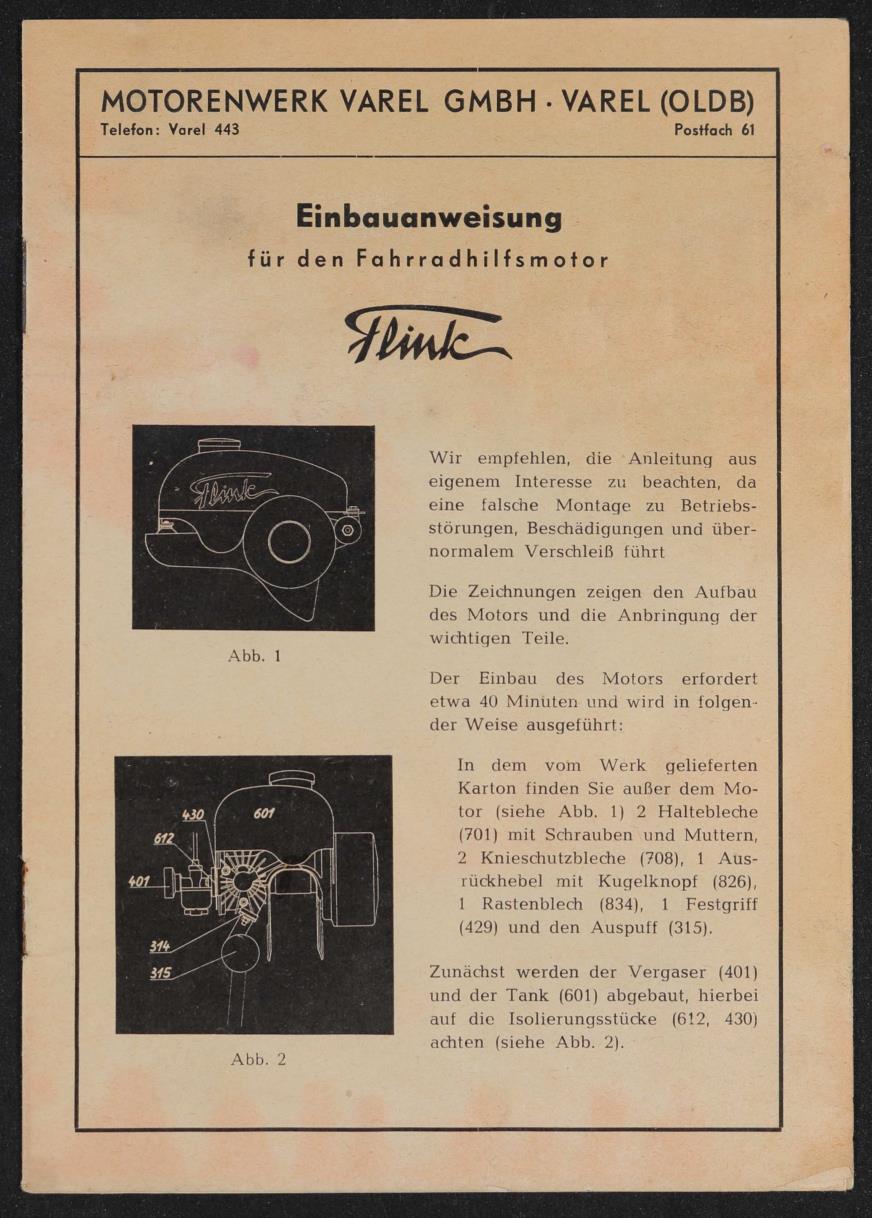 Flink Fahrradhilfsmotor Motorenwerk Varel GmbH Einbauanweisung 50er Jahre
