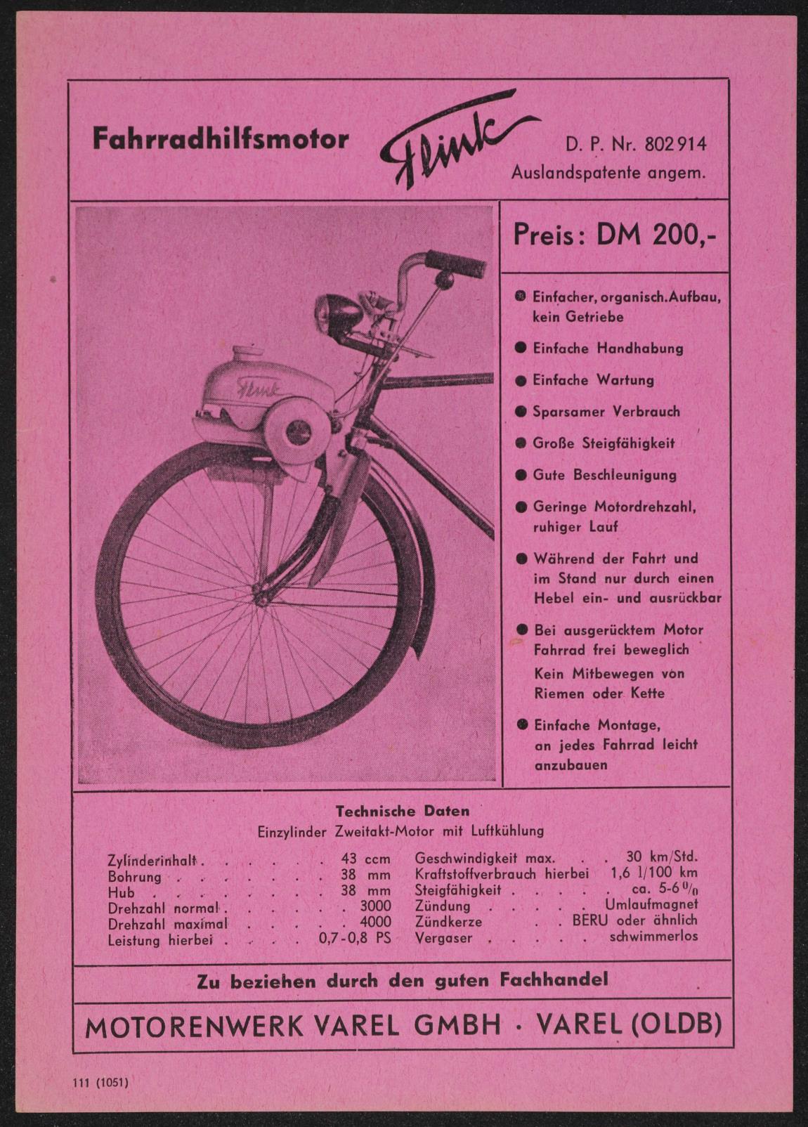 Flink Fahrradhilfsmotor Motorenwerk Varel GmbH Werbeblatt 1951