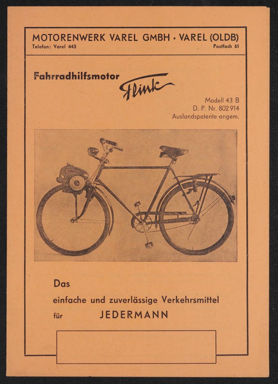 Flink Modell 43 B Fahrradhilfsmotor Motorenwerk Varel GmbH Faltblatt 1951
