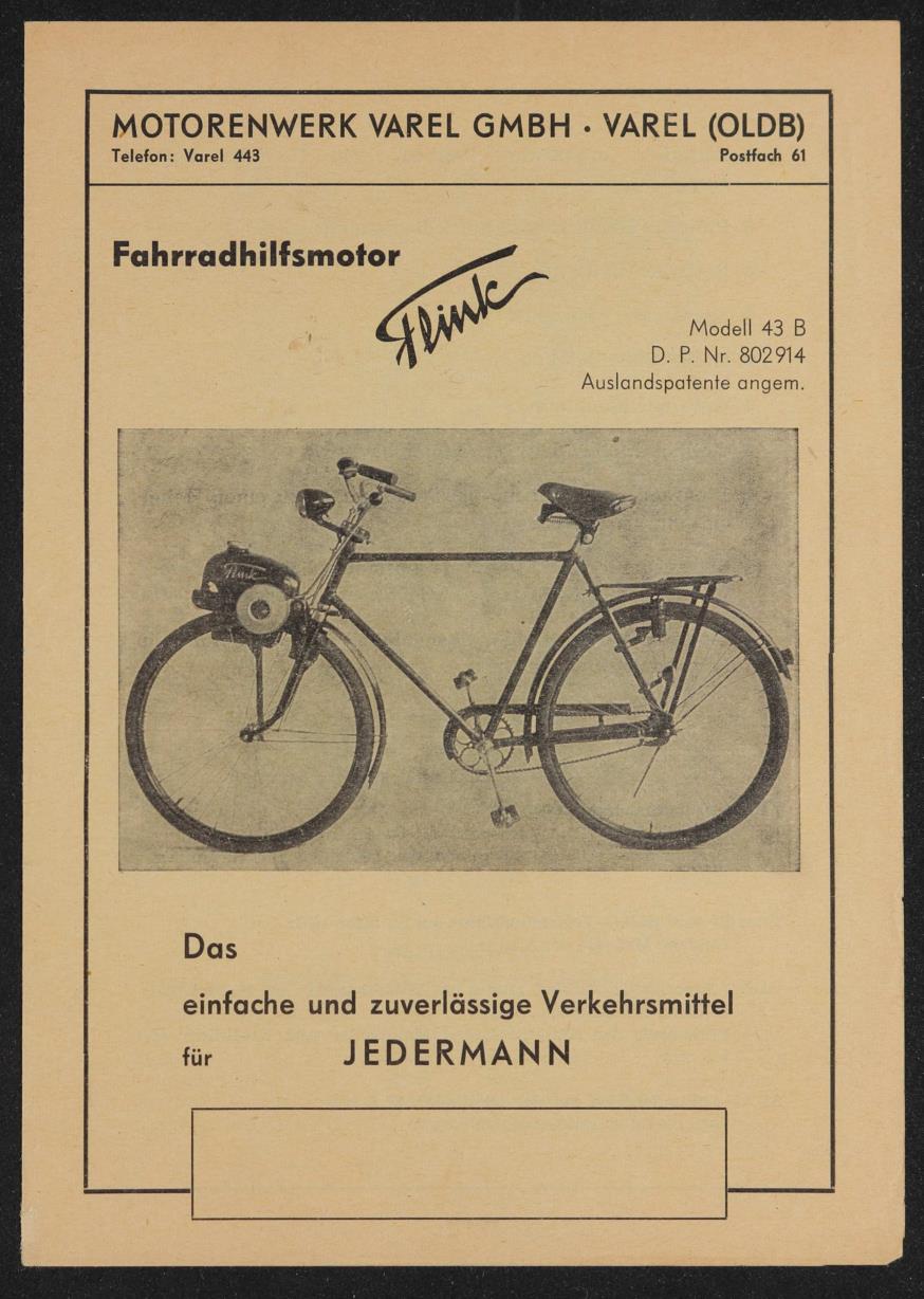 Flink Modell 43B Fahrradhilfsmotor Motorenwerk Varel GmbH Faltblatt 1951