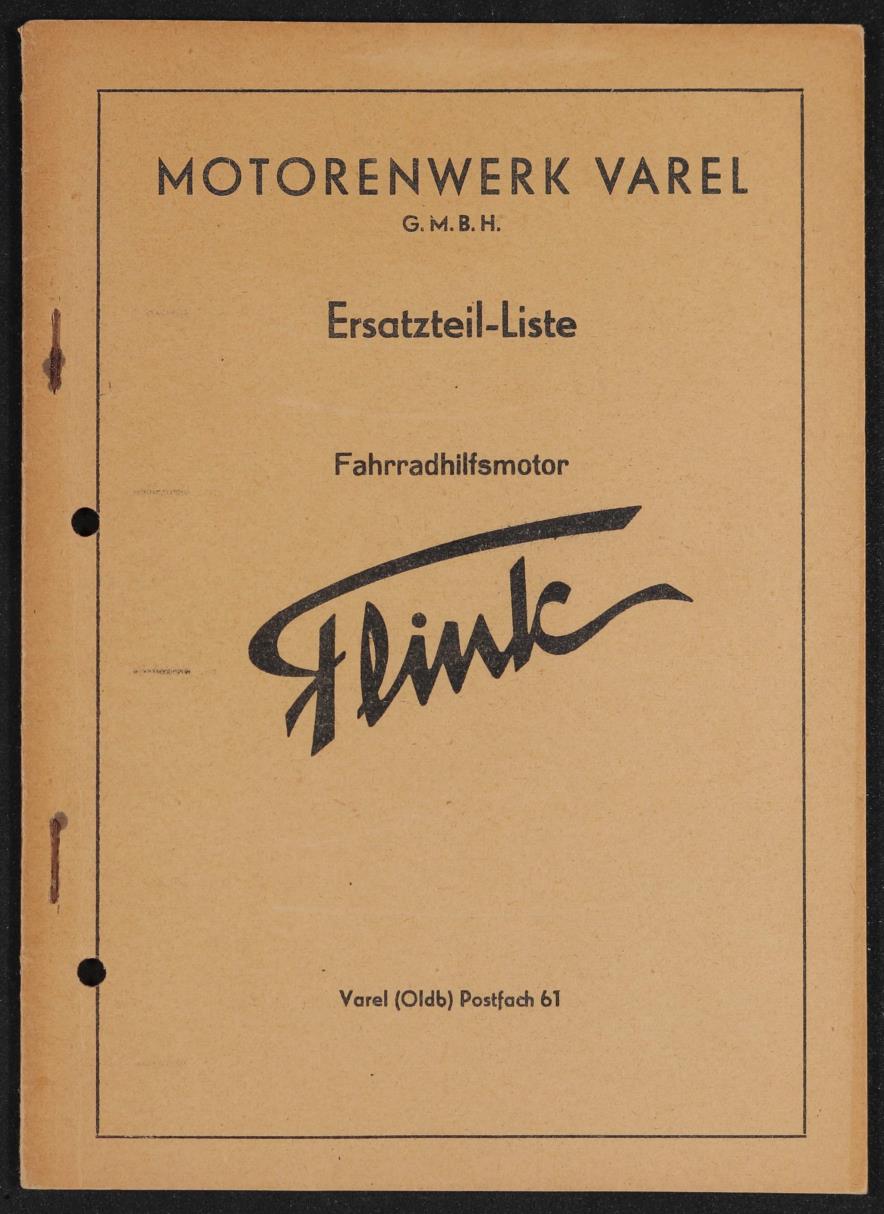 Flink Modell FHM 34 A B Fahrradhilfsmotor Motorenwerk Varel GmbH Ersatzteil-Liste 50er Jahre