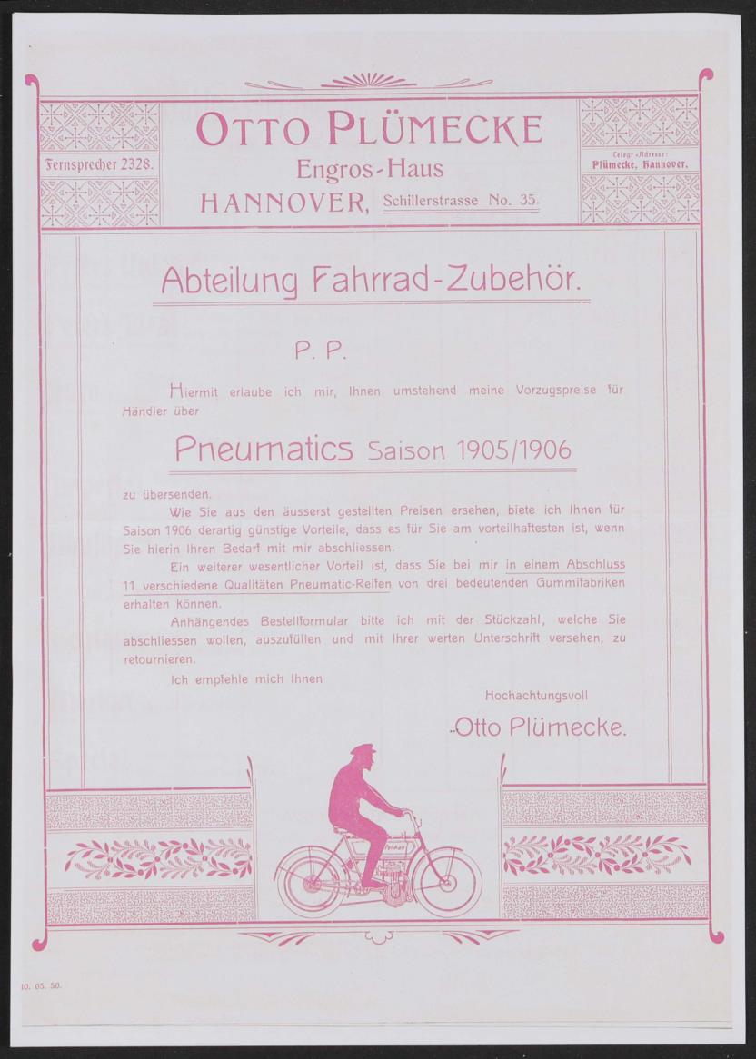Otto Plümecke, Engros-Haus, Pneumatics Preisliste 1905