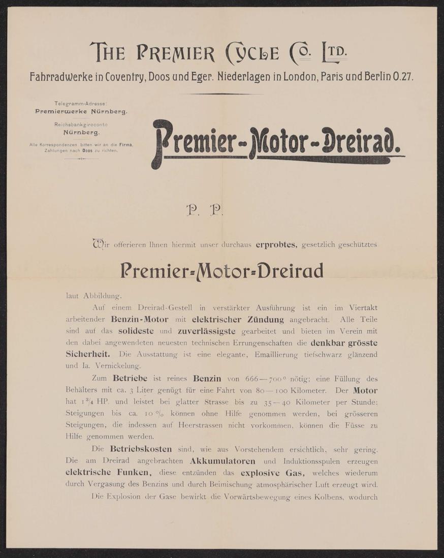 Premier Motor-Dreirad Prospekt 1898