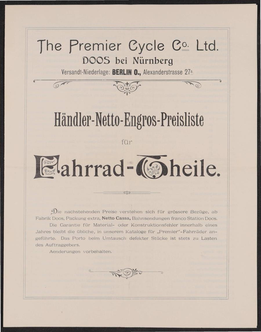 Premier Preisliste für Fahrradtheile 1890er Jahre