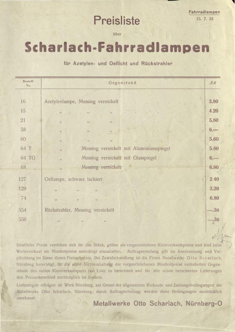 1932 Scharlach Lampen Preisliste