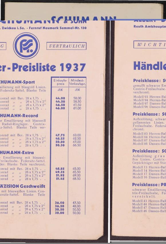 Schumann Preisliste 1937
