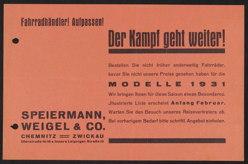 Speiermann, Weigel u. Co. Hersteller und Großhändler für Fahrräder Hinweisblatt für Fahrradhändler 1930
