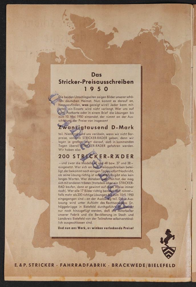 E.u.P. Stricker Fahrradfabrik Katalog Preisausschreiben 2 1950